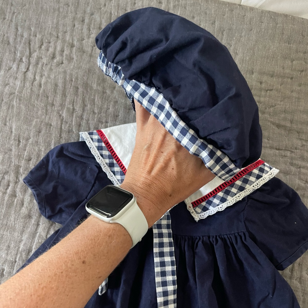 Vintage Navy White Dress & Cap Matching Set Rosettes 2T Cotton Gingham Collar - Picture 7 of 12